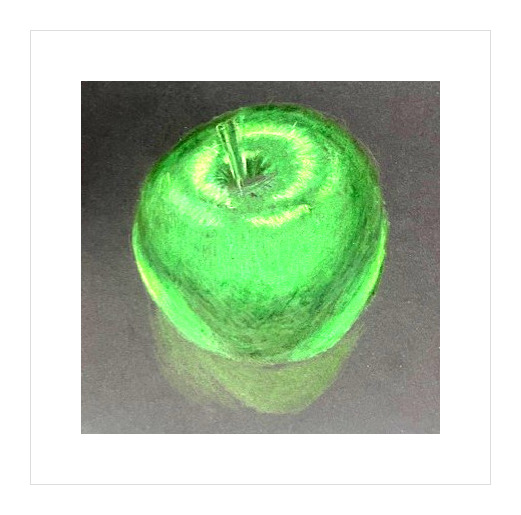 Colored pencil drawing of a green apple with reflection on black background