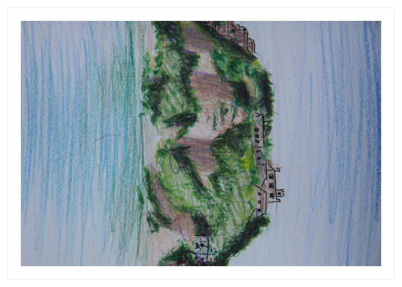 Colored pencil landscape of Barcelona coastal cliffs