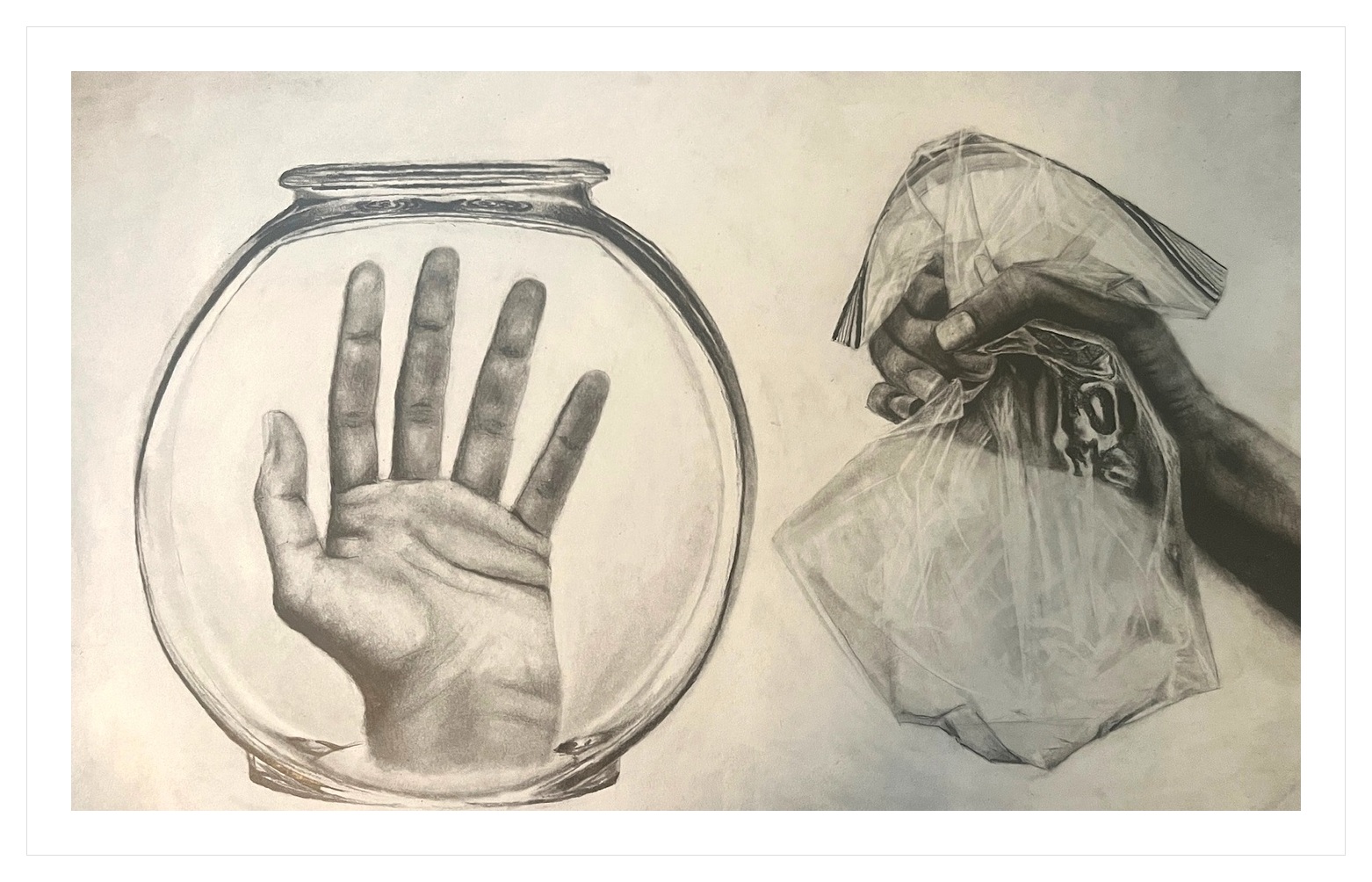 Charcoal drawing of a hand inside a fishbowl beside a hand holding an empty plastic bag