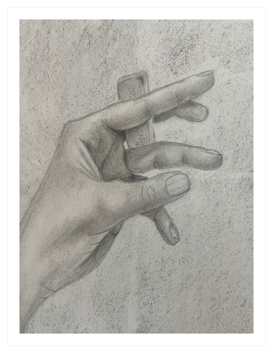 Graphite drawing of a hand holding a small object