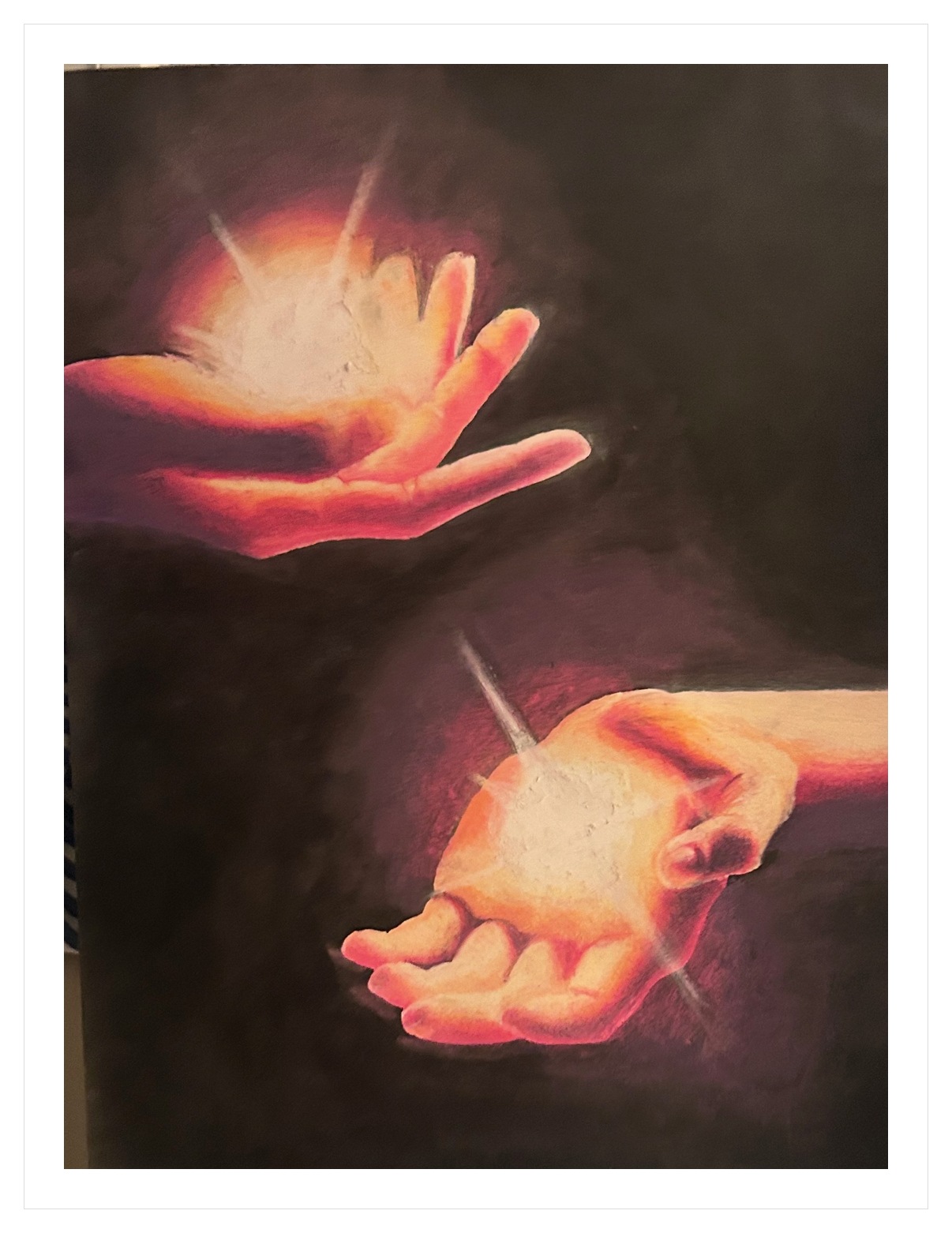 Pastel drawing of two hands cradling glowing light against a dark background
