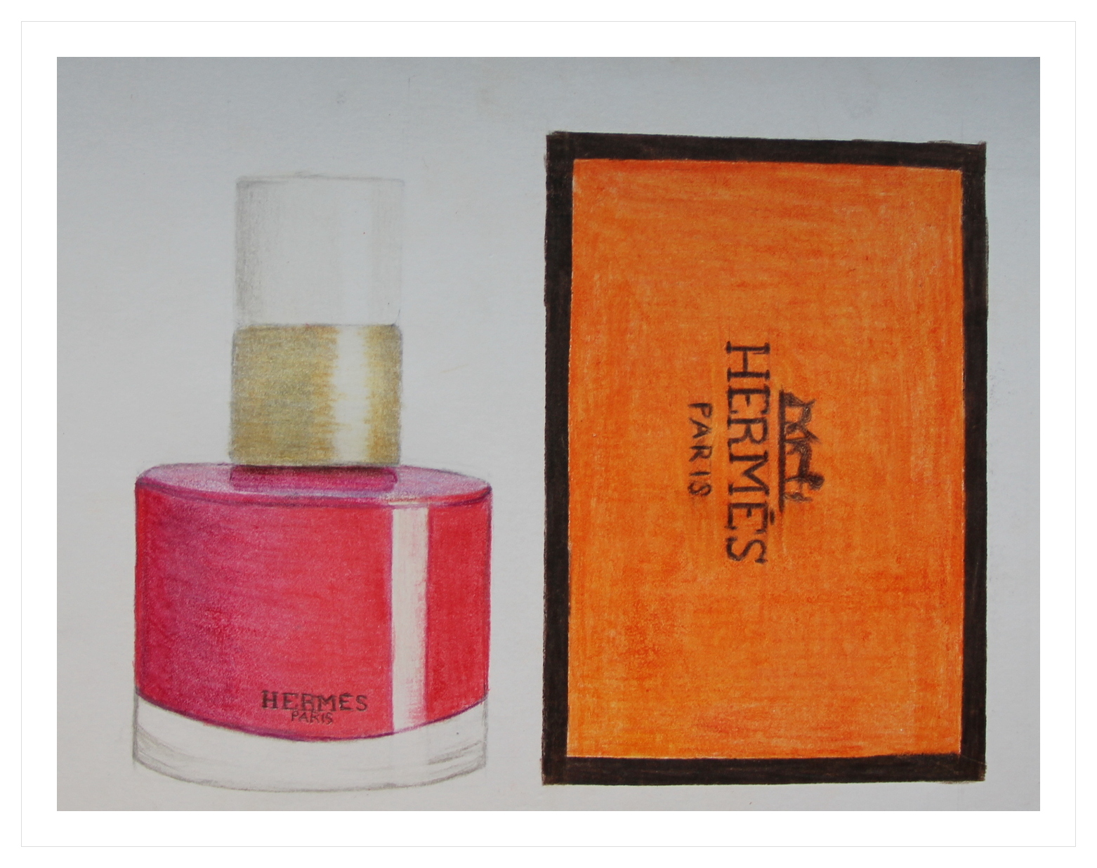 Colored pencil still life of a perfume bottle and box
