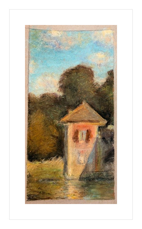 Pastel painting of a small house by the water, in the style of an impressionist master study