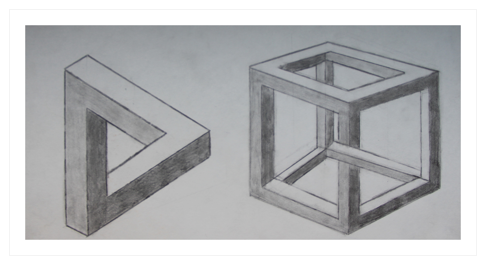 Graphite drawing of a Penrose triangle and impossible cube