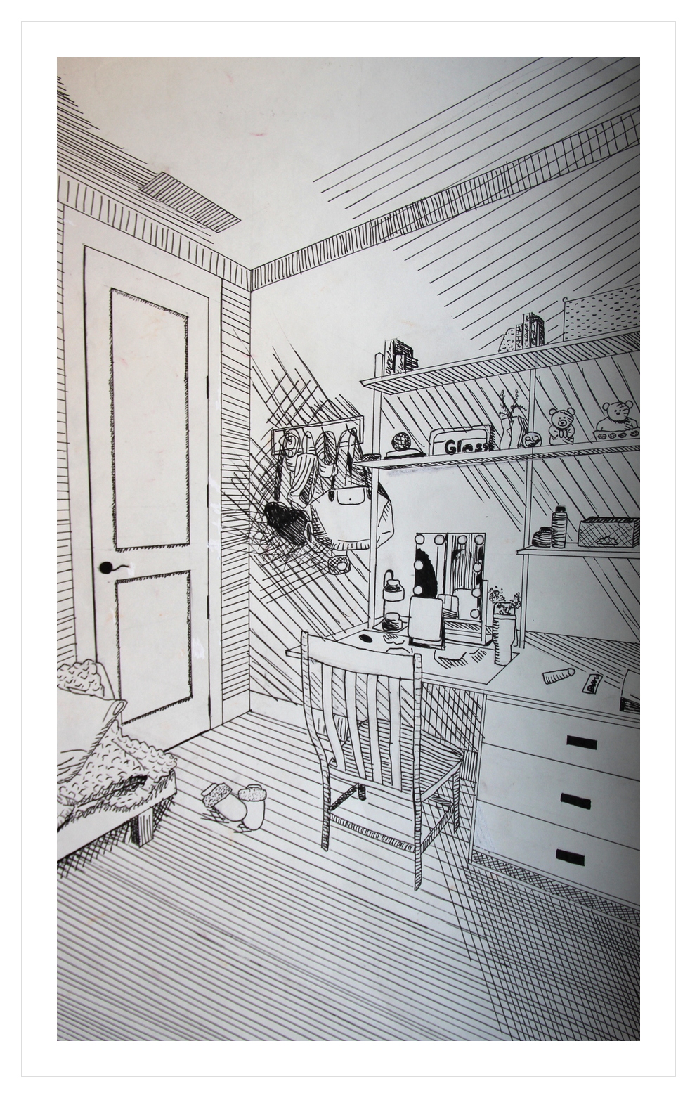 Ink line drawing of a bedroom interior in perspective