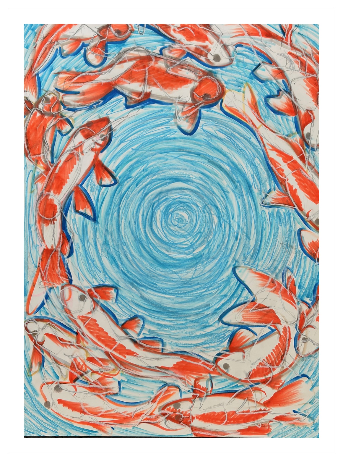 Colored marker and pencil drawing of koi fish circling a rippling pool