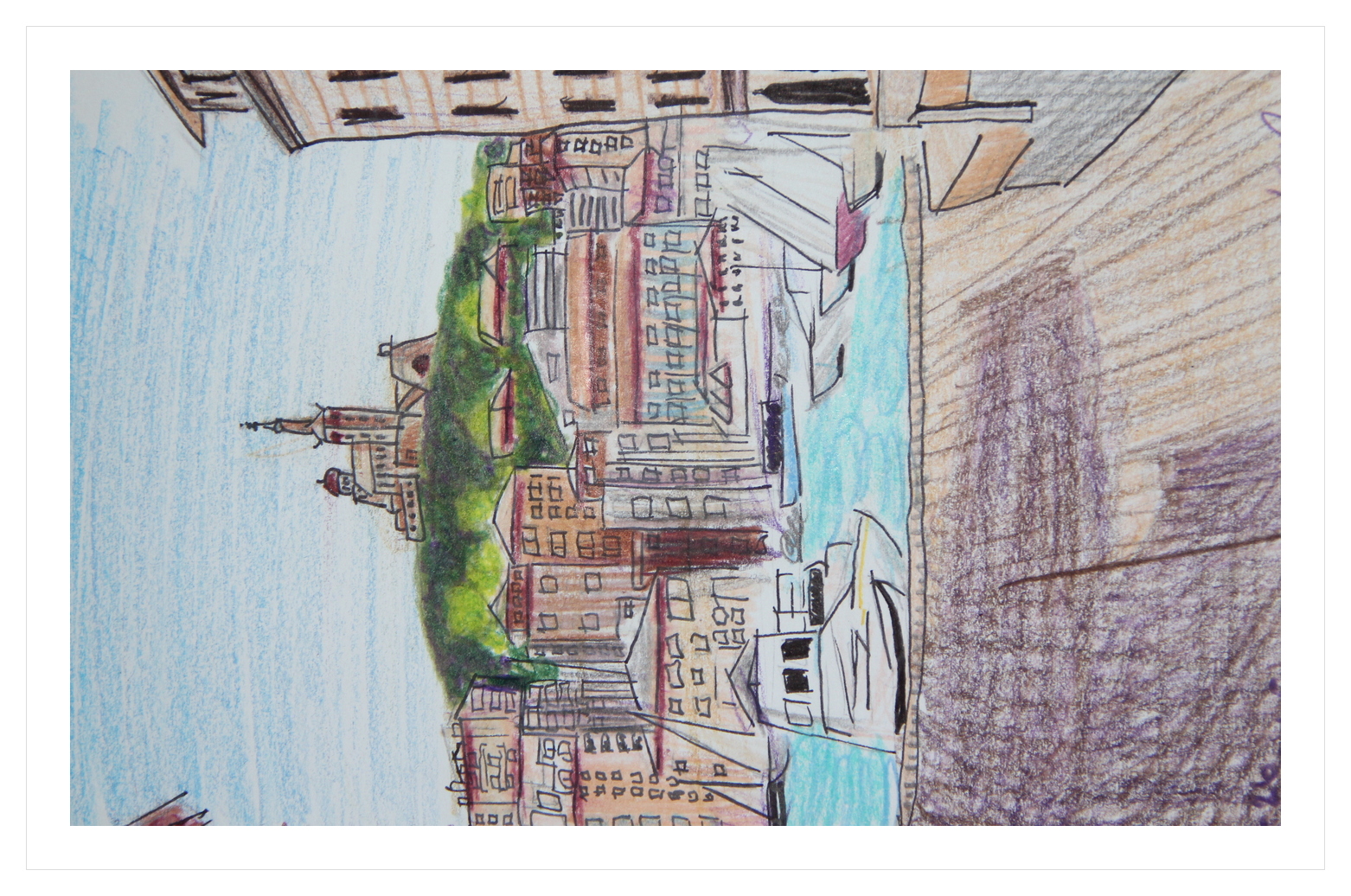 Colored pencil cityscape of Marseille harbor