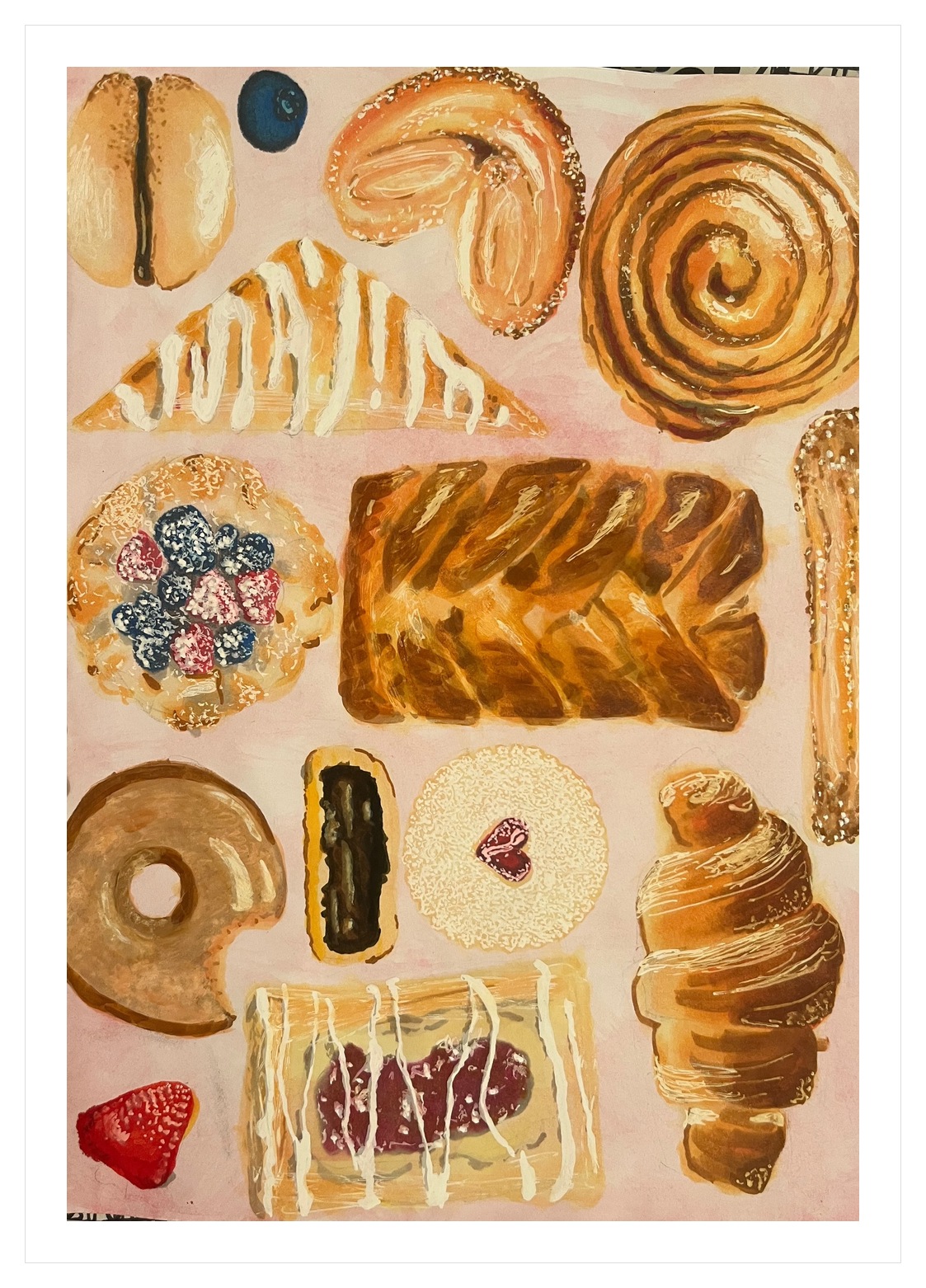 Gouache painting of an assortment of pastries and fruit