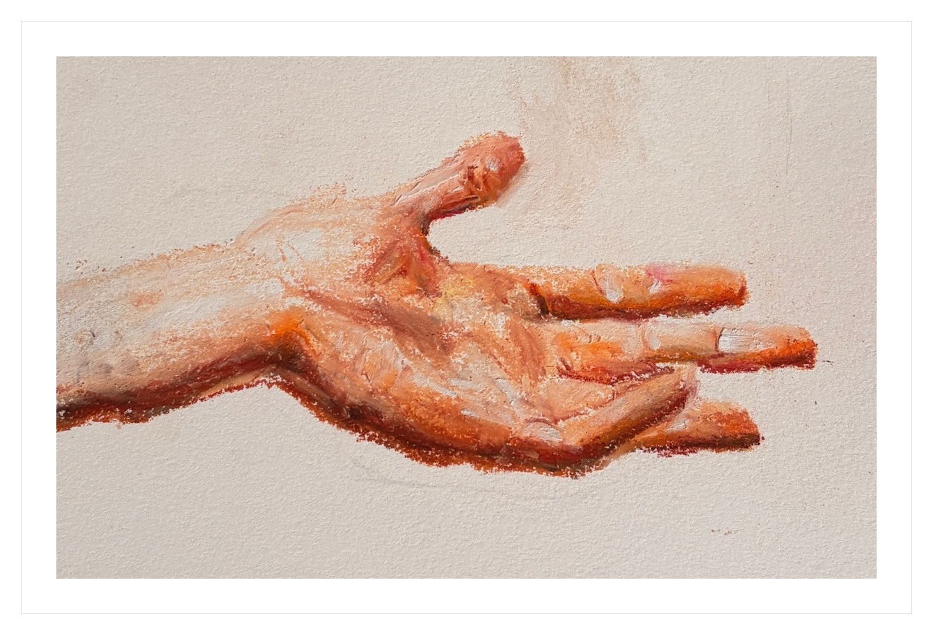 Oil pastel drawing of an outstretched hand
