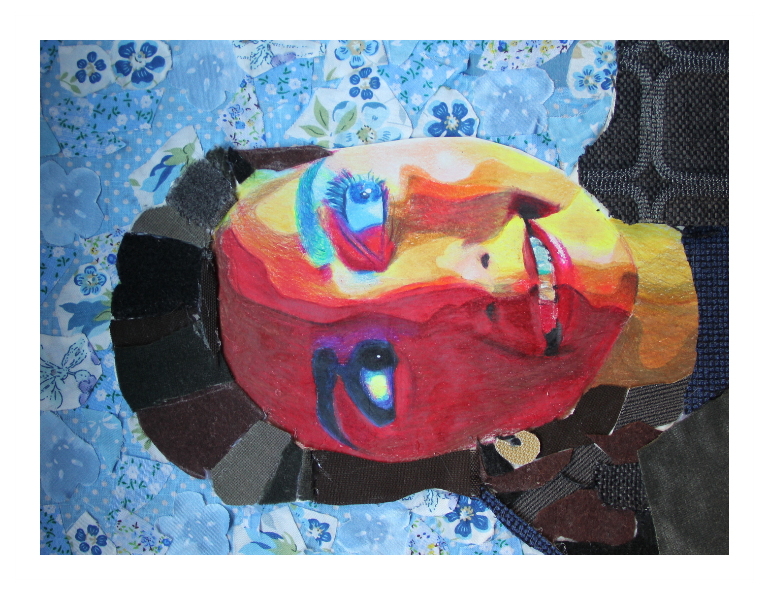 Mixed media self portrait with fabric collage background